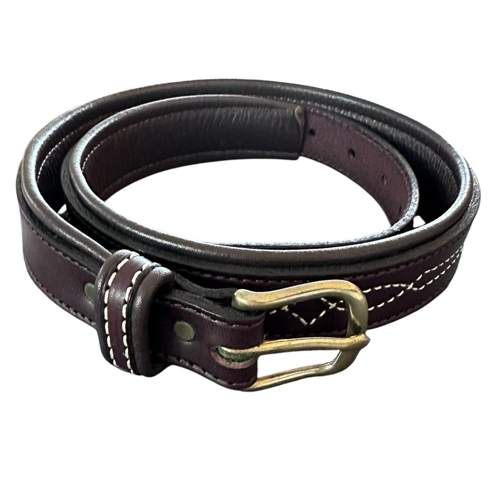 J. Peterman Dark Brown White Stitch Brushed Gold Hardware Belt 32